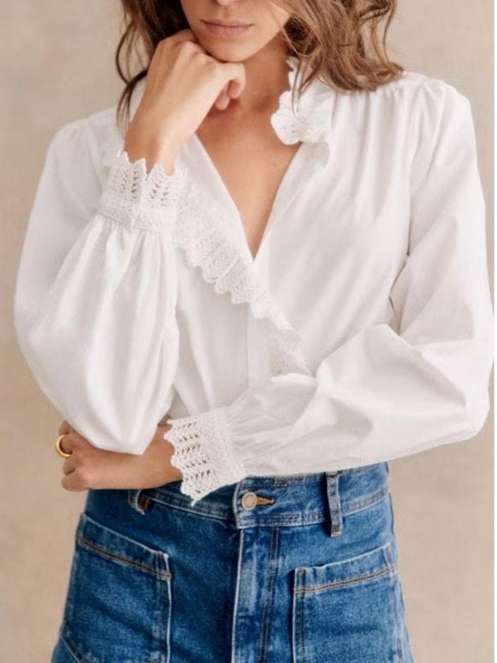 Sezane Chlo White Lace-Trim V-Neck Blouse